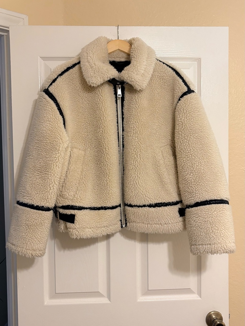 NWOT Zara Ecru Faux Shearling Aviator Moto Oversized Coat Jacket XS - Picture 5 of 11
